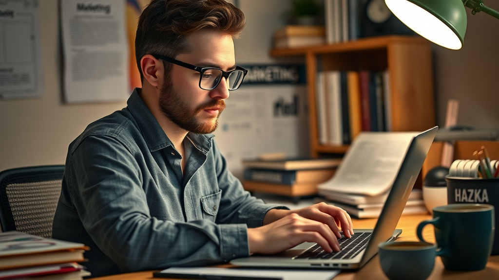 Engaged copywriter crafting compelling content in a cozy creative workspace