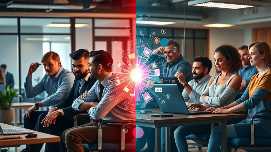 Stressed marketing team before, empowered team after onboarding a fractional CMO, digital transformation visuals