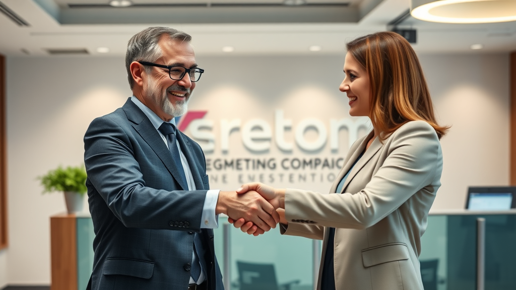 Business leader finalizing marketing leadership outsourcing partnership, modern office reception, confident handshake