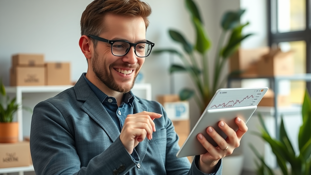 creative e-commerce owner analyzing online sales growth, digital marketing fractional CMO agency, product boxes background