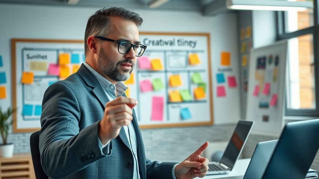 Part-time CMO planning step-by-step engagement with sticky notes and timelines in creative workspace