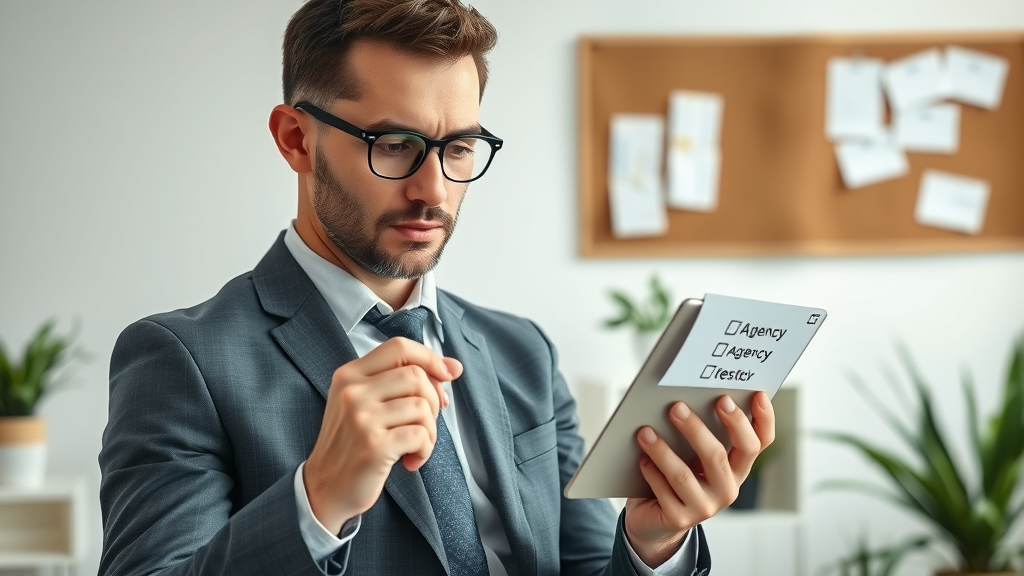 organized business owner using checklist, digital marketing fractional CMO agency selection, minimalist office