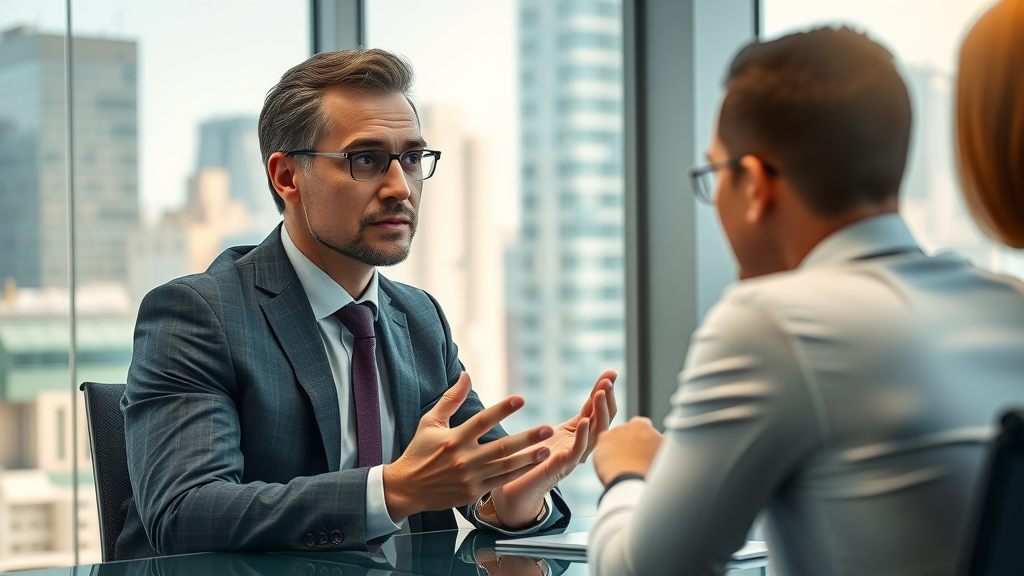 Thoughtful business owner discussing pricing options with marketing consultant in corporate setting