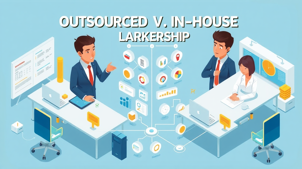 Outsourced marketing leadership: Infographic comparing outsourced vs in-house marketing leadership with balanced scales and strategic icons