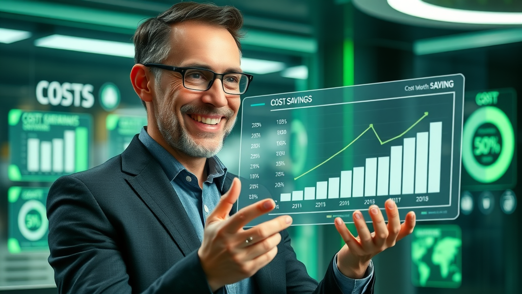 fractional cmo services cost savings - Business founder analyzing transparent charts with clear cost benefits