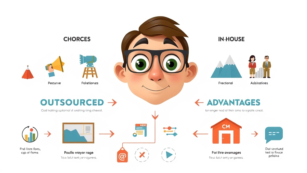 Comparison outsourced CMO service, fractional CMO, in-house CMO icons infographic