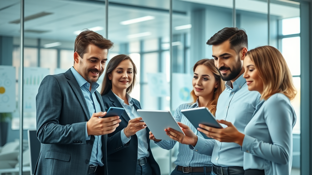 Professional business team collaborating on fractional CMO strategy in a modern workspace with brainstorming charts and digital devices
