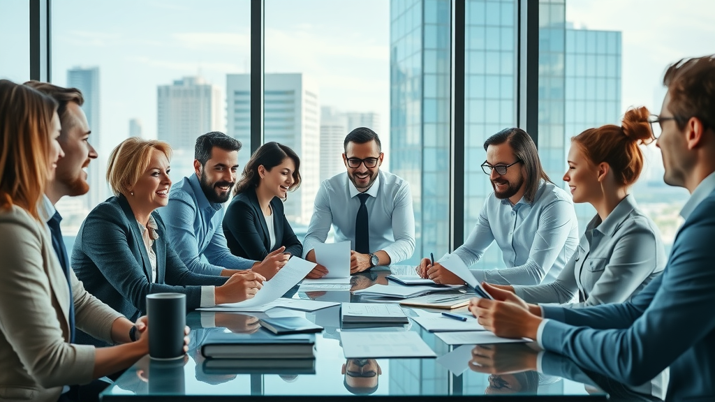Dynamic business team engaged in discussion with fractional CMO leadership, modern office setting, energetic collaboration, marketing team, cityscape background