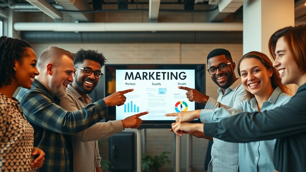 Inspired marketing team members united behind a common goal on digital board