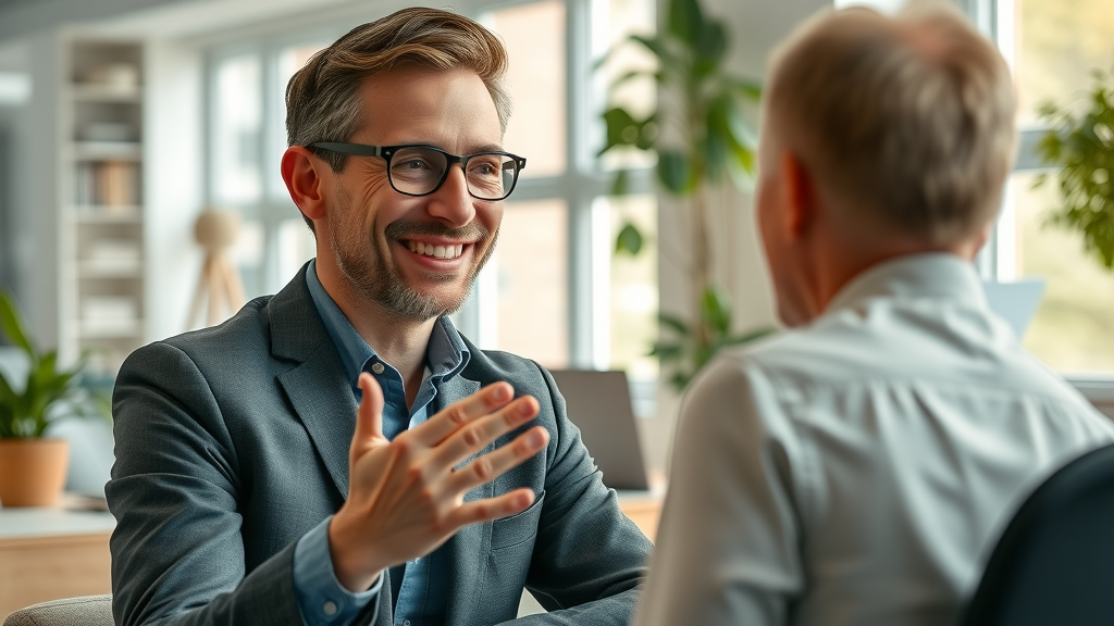 Trustworthy marketing consultant engaging with client in bright office environment