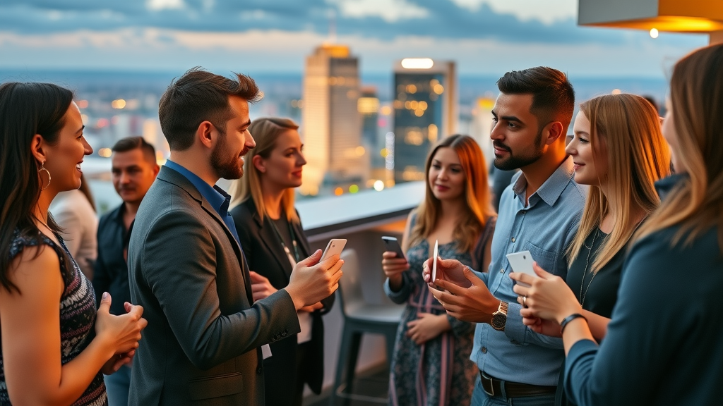 ambitious small business owners networking at a fractional cmo insights forum event on a rooftop lounge