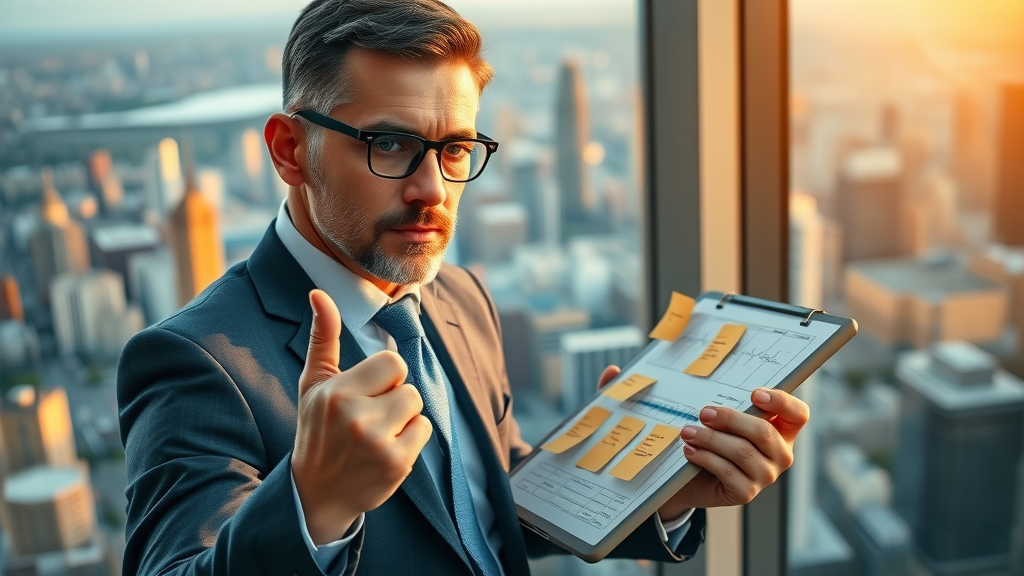 Visionary fractional CMO mapping out a winning marketing plan in a high-rise office overlooking cityscape