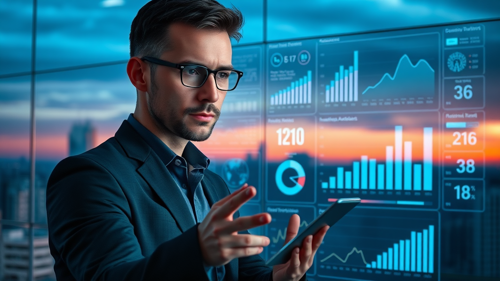 Business analytics dashboard, marketing professional analyzing KPIs, fractional chief marketing officer