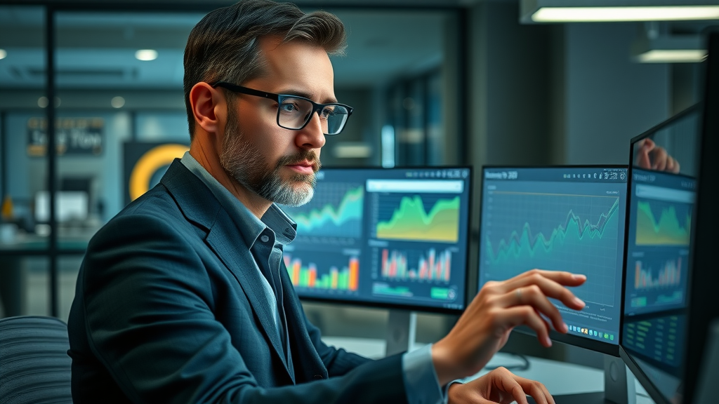 analytical executive reviewing marketing dashboard, fractional CMO benefits and business growth metrics