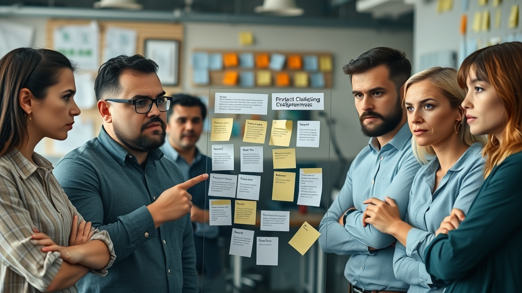Marketing professionals reviewing seamless fractional CMO integration challenges on a glass board in a dynamic workspace