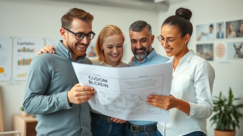 Successful marketing consultant team analyzing customized marketing blueprint on digital tablet