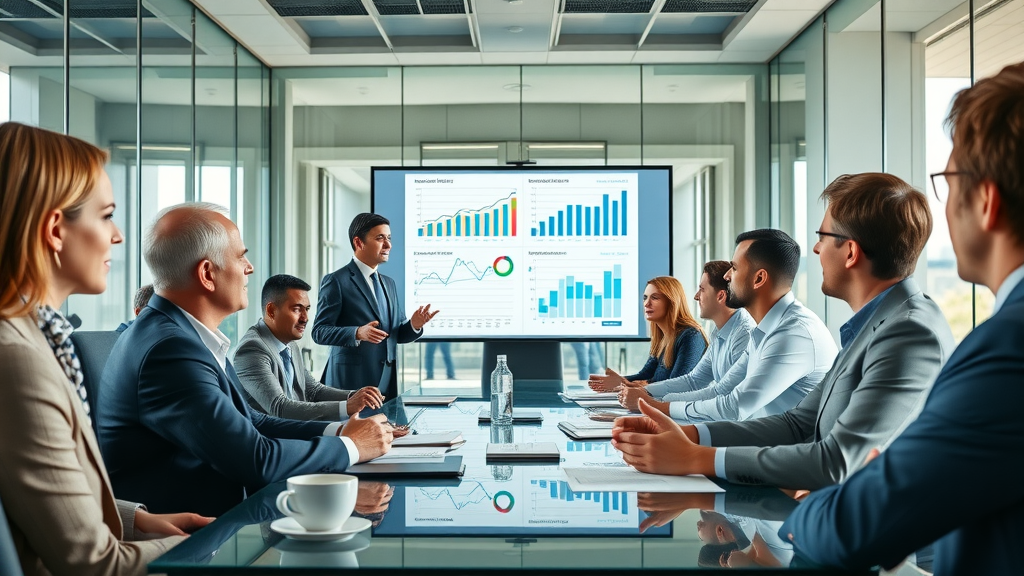 Dynamic business executive boardroom with confident marketing consultant leading a strategic meeting. benefits of fractional cmo, marketing team collaboration, digital marketing analytics.
