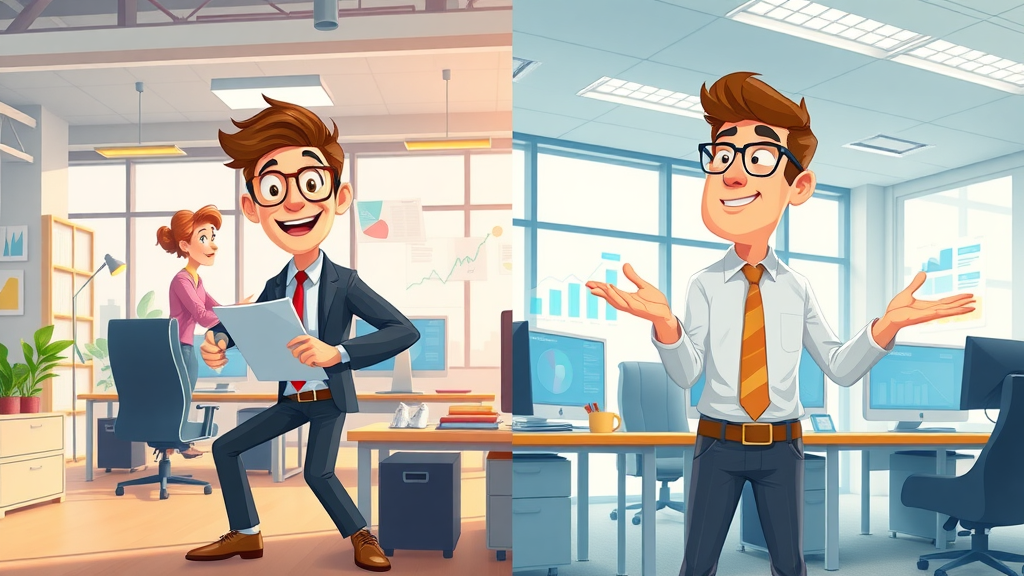contrasting visual split, busy startup with fractional CMO, large enterprise with full-time CMO, animated office environments