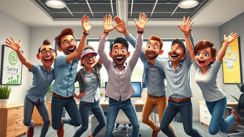 ambitious SaaS startup team celebrating growth, digital marketing fractional CMO agency, modern startup office