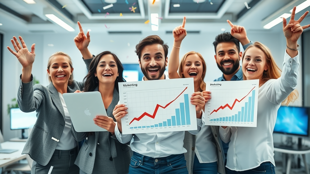 buy fractional cmo services - Victorious business team celebrating marketing growth achievements thanks to fractional cmo leadership