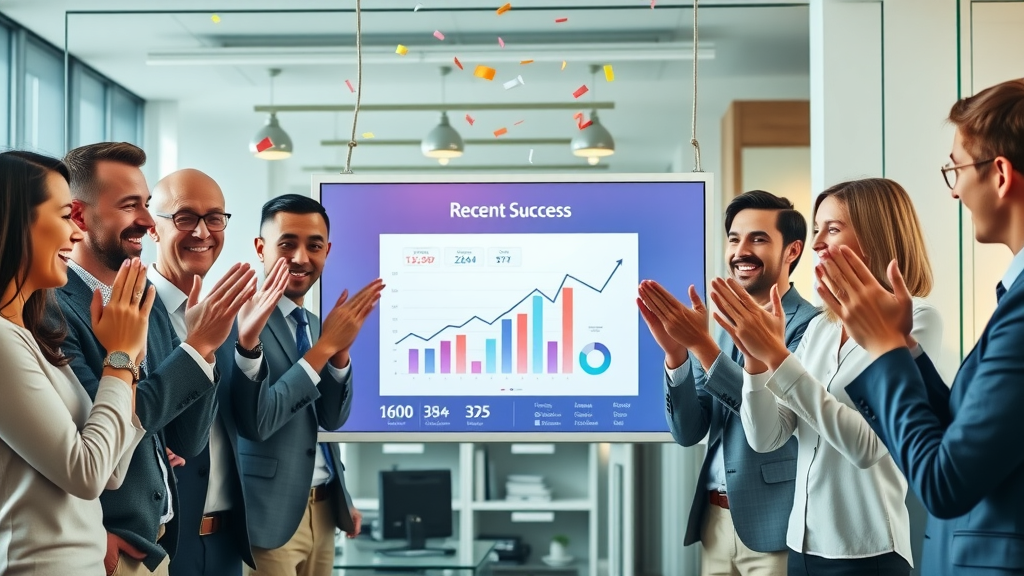 marketing team celebrating success with digital dashboard showing growth