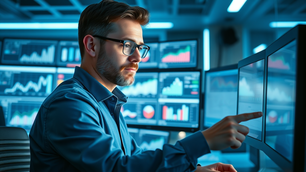 analytical marketing expert reviewing dashboards for fractional CMO strategies