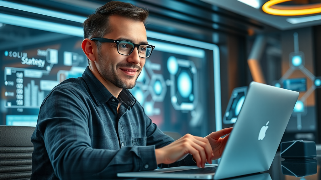 Professional updating digital marketing portfolio for fractional CMO onboarding