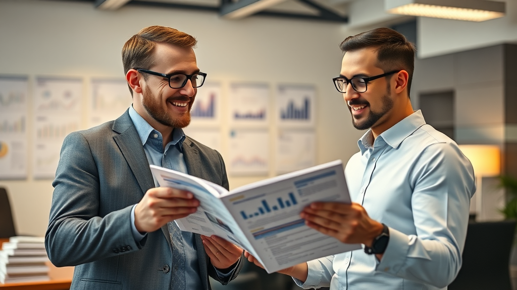 confident marketing expert advising small business owner, discussing industry data, digital marketing fractional CMO agency, business books background