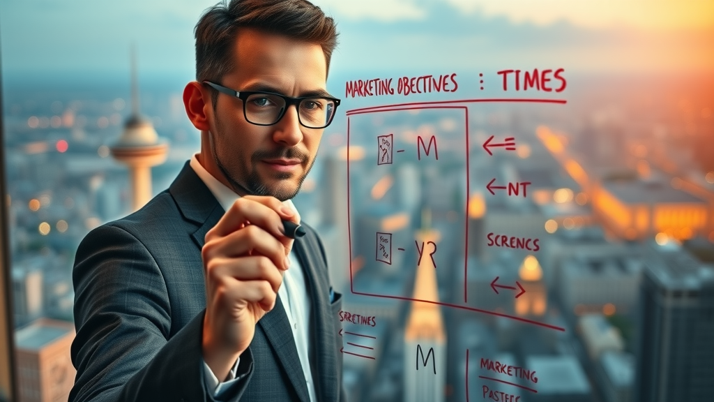 Strategic marketing expert mapping out objectives, high-rise office, marker diagrams with city view