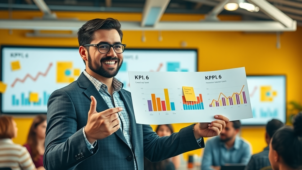 Entrepreneur presenting KPI charts for a marketing strategy for growth