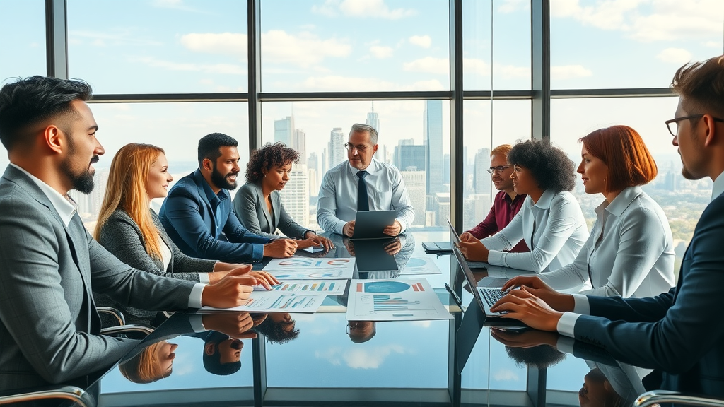 Fractional CMO services executive marketing leader strategizing with team, city skyline background, business professionals discussing charts and laptops