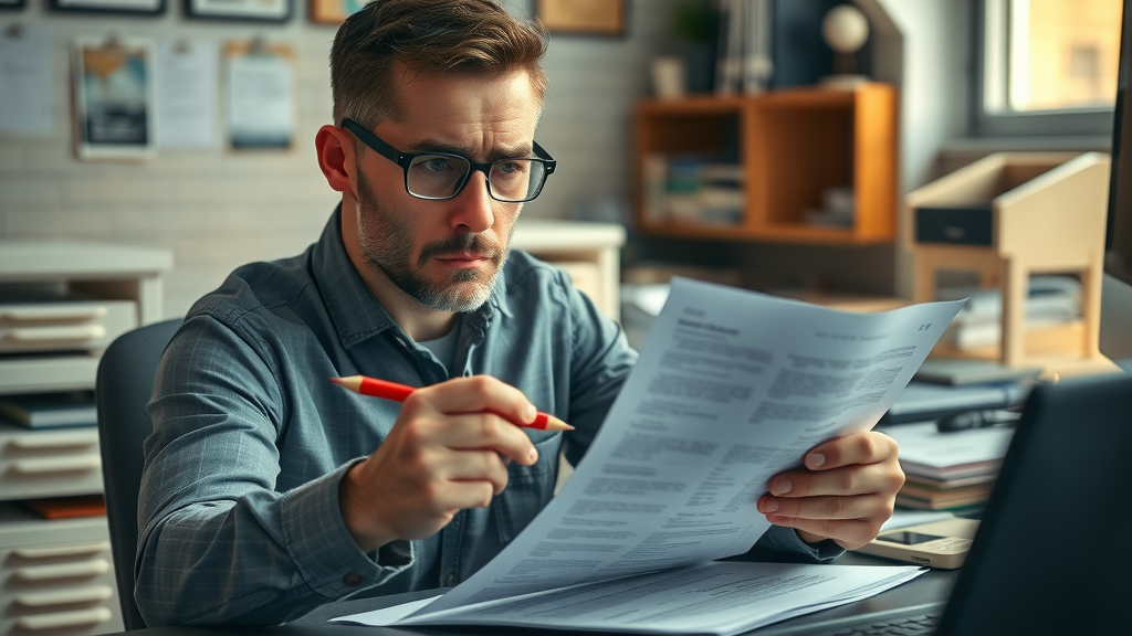 worried small business owner reviewing contract terms, highlighting mistakes, digital marketing fractional CMO agency, small office, tense expression