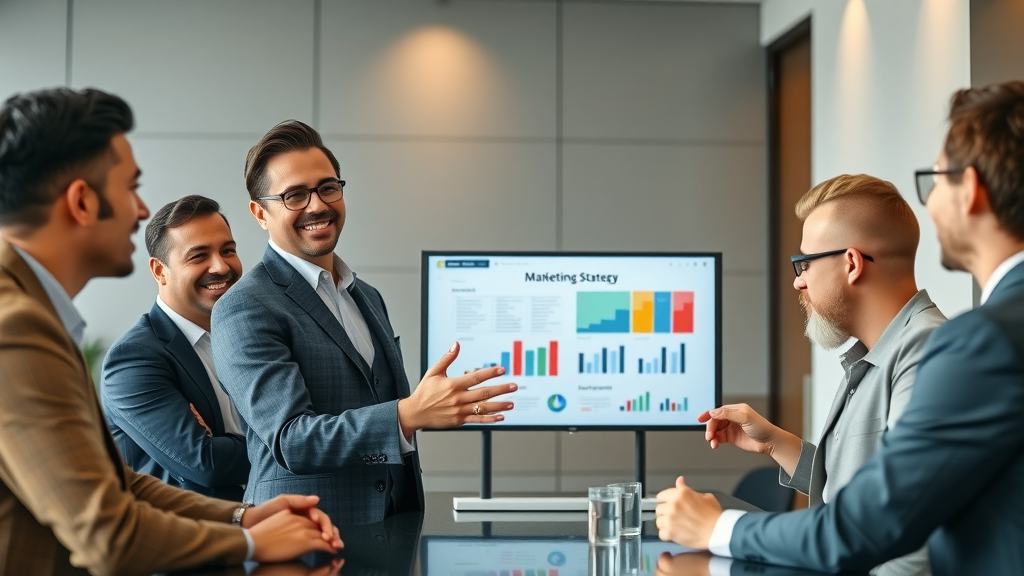 Confident fractional CMO presenting marketing strategy to executives, fractional CMO case studies, interactive boardroom session