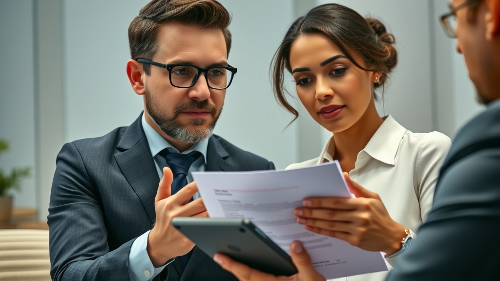 business leader interviewing CMO candidate, close-up, reviewing checklist for fractional CMO services, formal boardroom, portfolio visible, clear communication, natural posture, no text