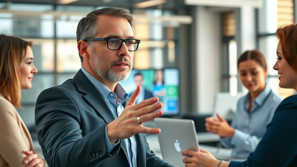 confident marketing executive directing a team with digital marketing strategy, fractional CMO service
