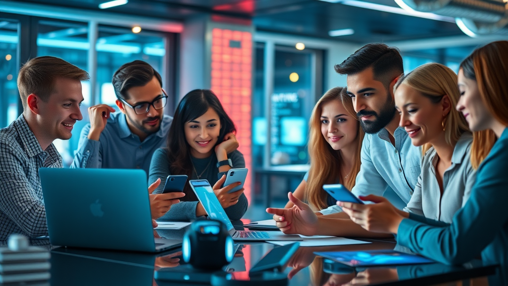 Diverse marketing team managing multi-channel campaigns in customer-centric internet marketing