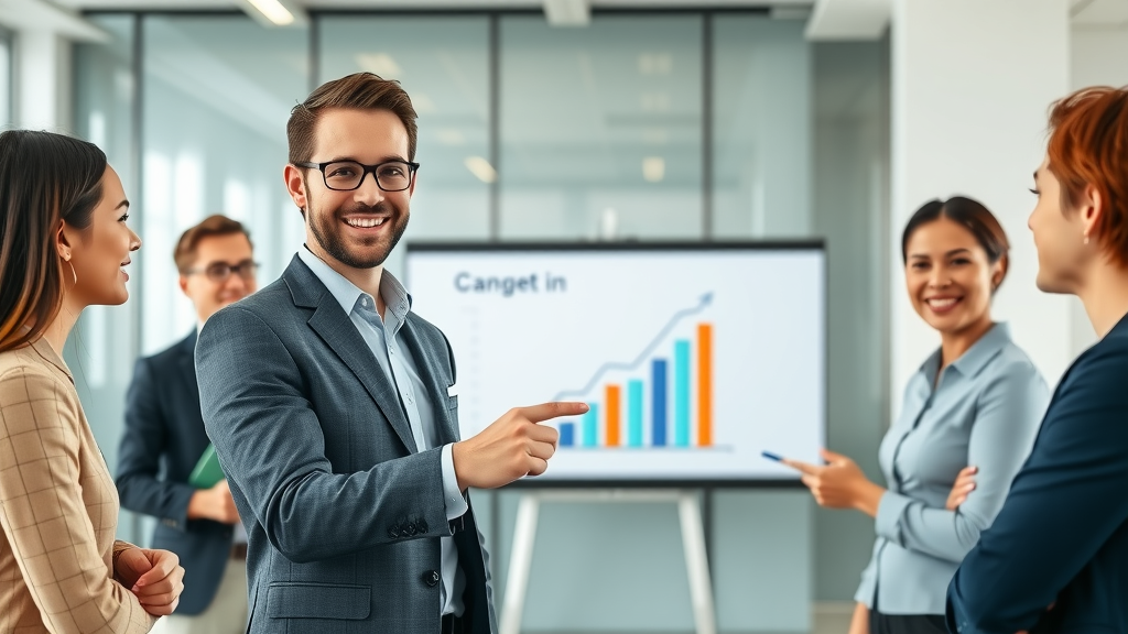 Marketing professional discussing benefits of fractional CMO for marketing team performance, growth chart, collaborative environment