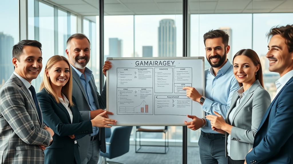 dynamic business leadership team in a modern office collaborating around digital strategy whiteboard, fractional CMO strategies