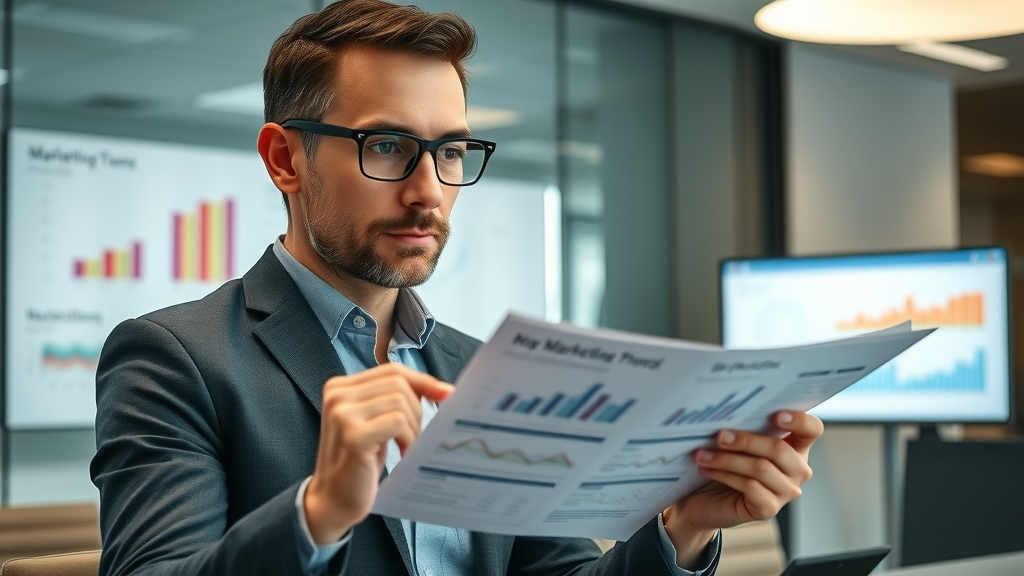Thoughtful marketing leader comparing fractional CMO strategy reports with digital analytics and printed data in a boardroom