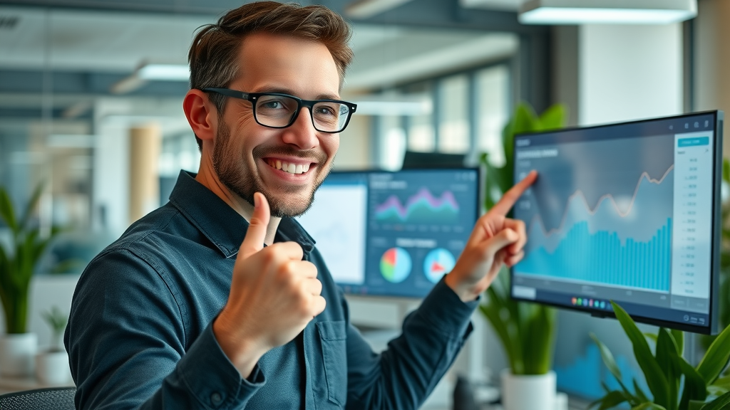 inspired entrepreneur looking at digital marketing dashboard, happy expression, reviewing metrics, modern workspace, digital marketing fractional CMO agency, blue accents