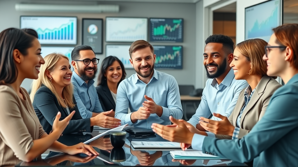 Outsourced marketing leadership: Diverse marketing team discussing growth strategies in modern high-tech office with digital graphs