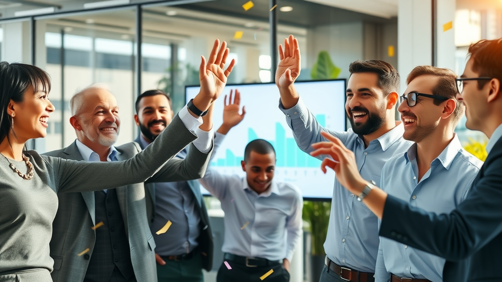 executive roles business success team celebrating doubling revenue growth