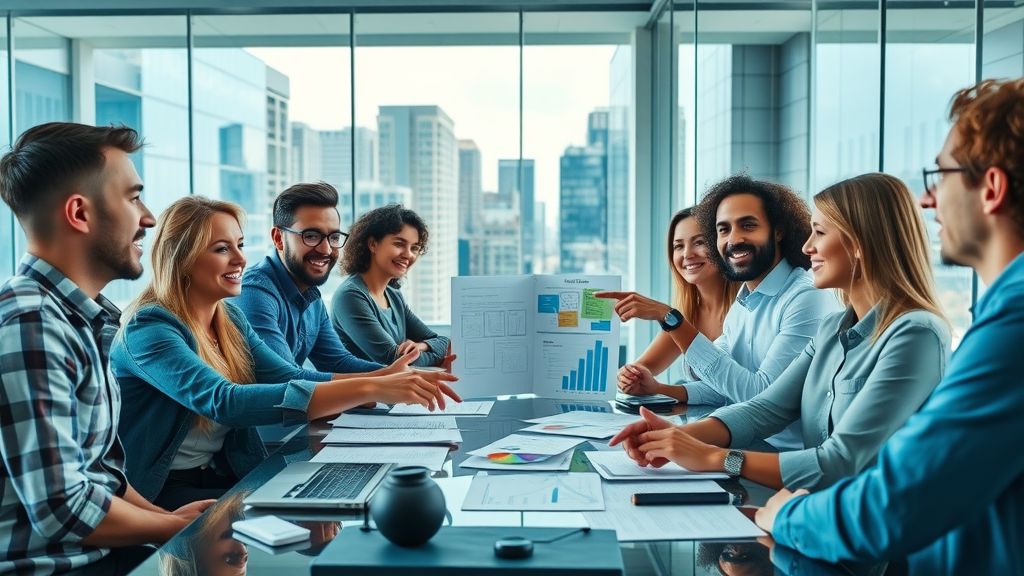 Startup team brainstorming with a part-time CMO in a modern tech workspace
