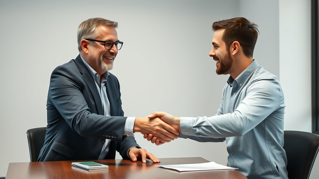 experienced executive CMO shaking hands with startup founder in modern minimalist office, marketing team and chief marketing officer present, agreement on fractional cmo pricing, highly detailed, warm expression, natural pose, no distorted limbs