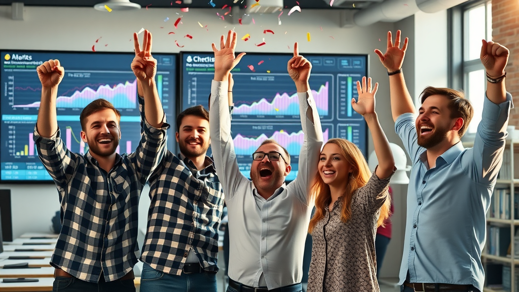 triumphant marketing team celebrating sales growth - digital marketing fractional cmo