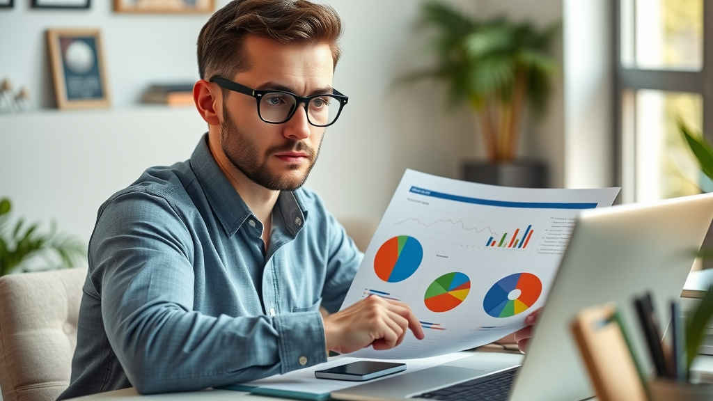 smart small business owner planning digital marketing budget with pie charts and laptop