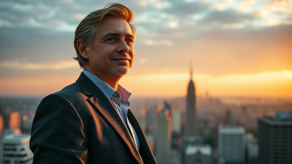 visionary business leader embracing new marketing leadership, ready to hire a fractional CMO, rooftop cityscape at sunrise, golden sunrise, natural pose