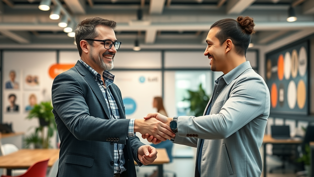 Business founder shaking hands with a fractional CMO, modern startup office, creative branding