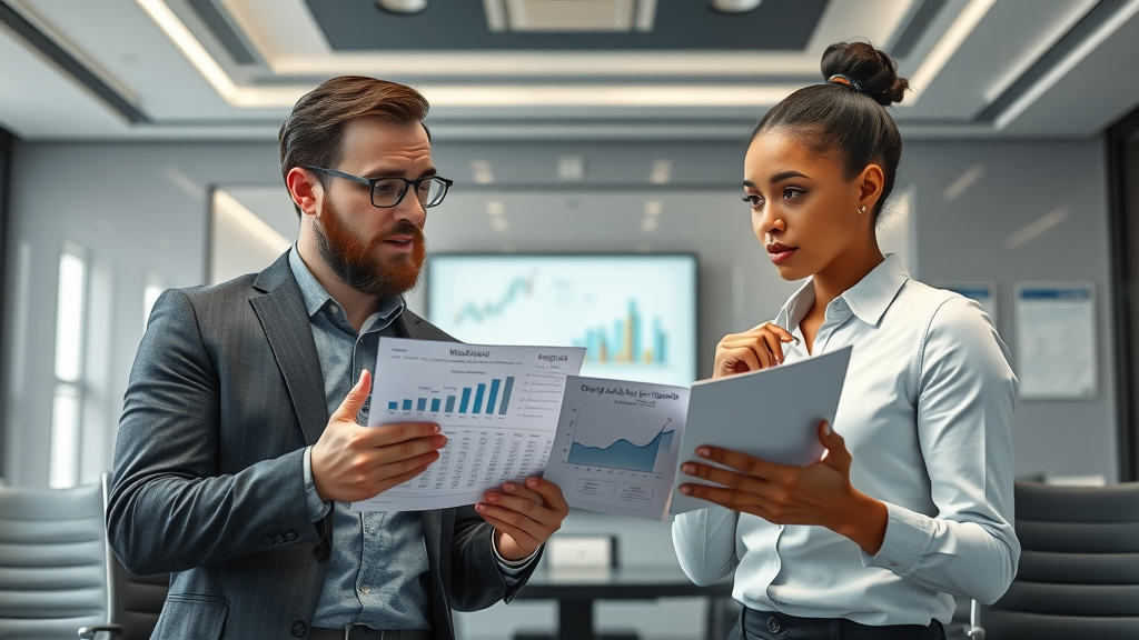 Business owner and marketer discussing pricing options for customer-centric internet marketing campaigns