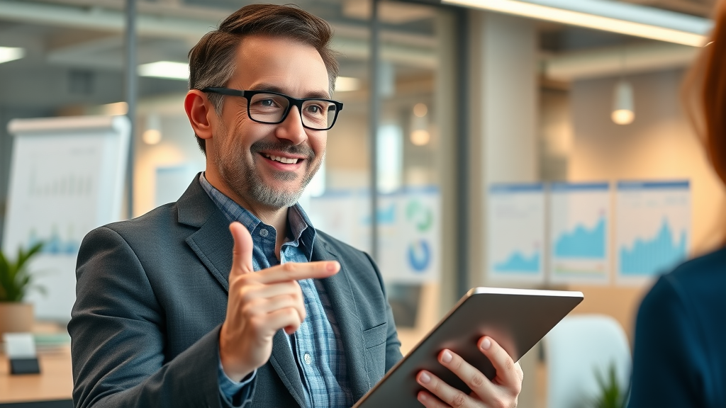Confident fractional CMO explaining marketing strategy with tablet in modern office. benefits of fractional cmo, marketing leadership, digital marketing graphs.